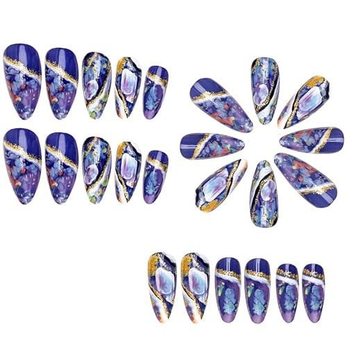 Press on Nails Almond Medium Artificial Acrylic Fingernails Gold Blue Star Sky