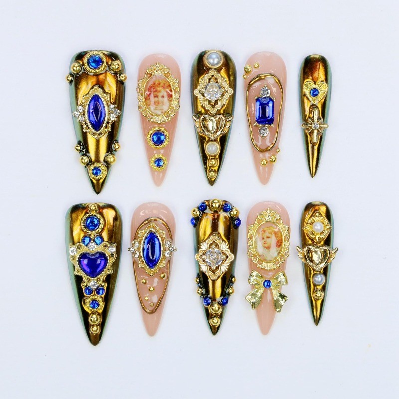 Custom Pure Handmade Nails Gold Sapphire Portrait Bow European Vintage Manicure