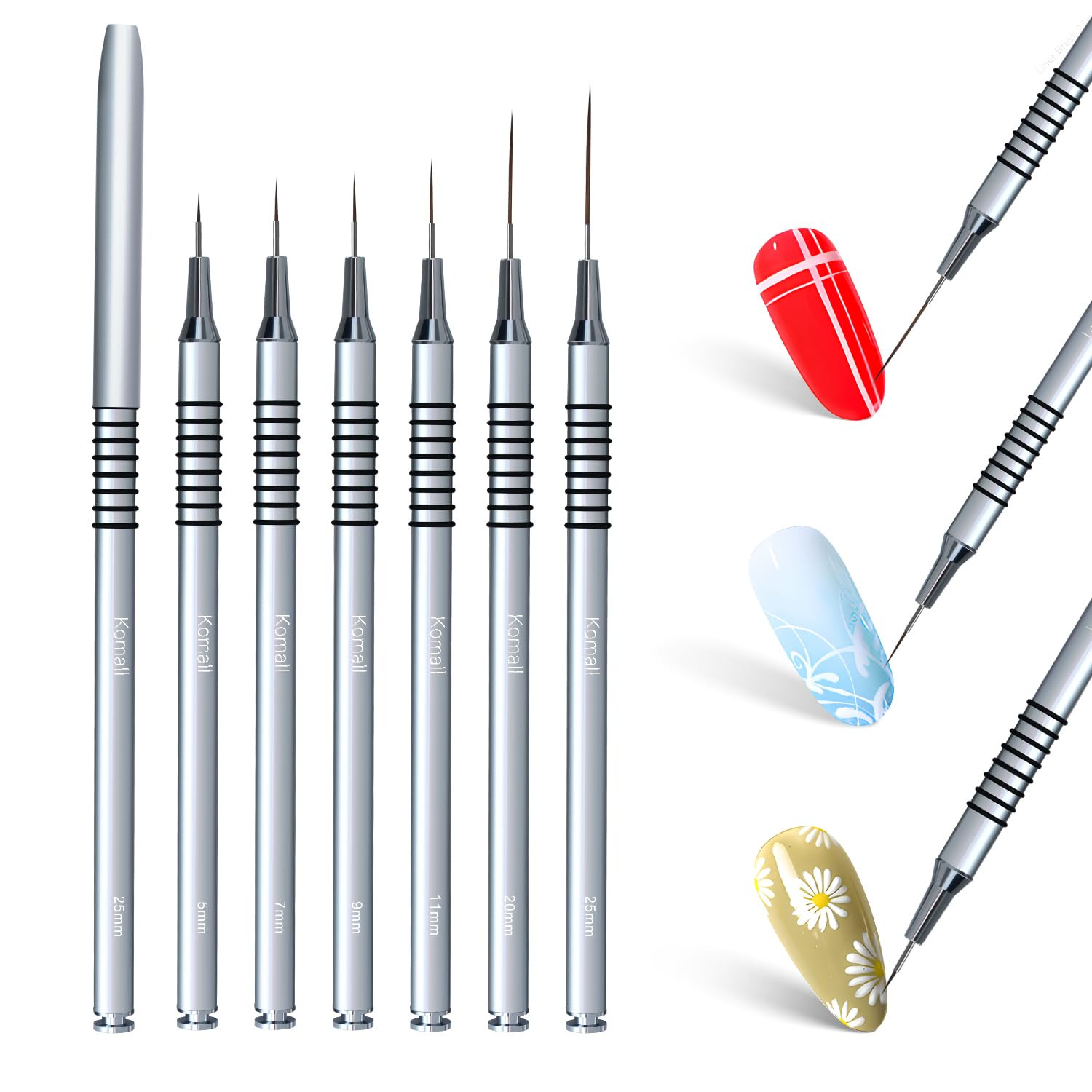 Metallic Nail Art Brushes, 6Pcs Non Slip Liner Brush Set, UV Gel Polish Painting