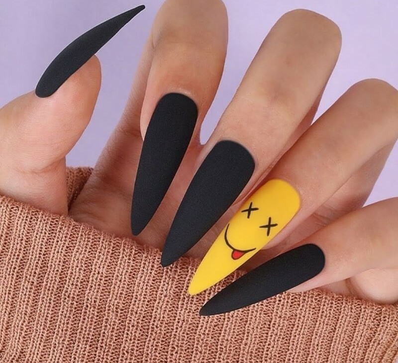 Long Coffin / Stiletto Matte Black / Yellow Emoji Accent Press On Nail / Glue