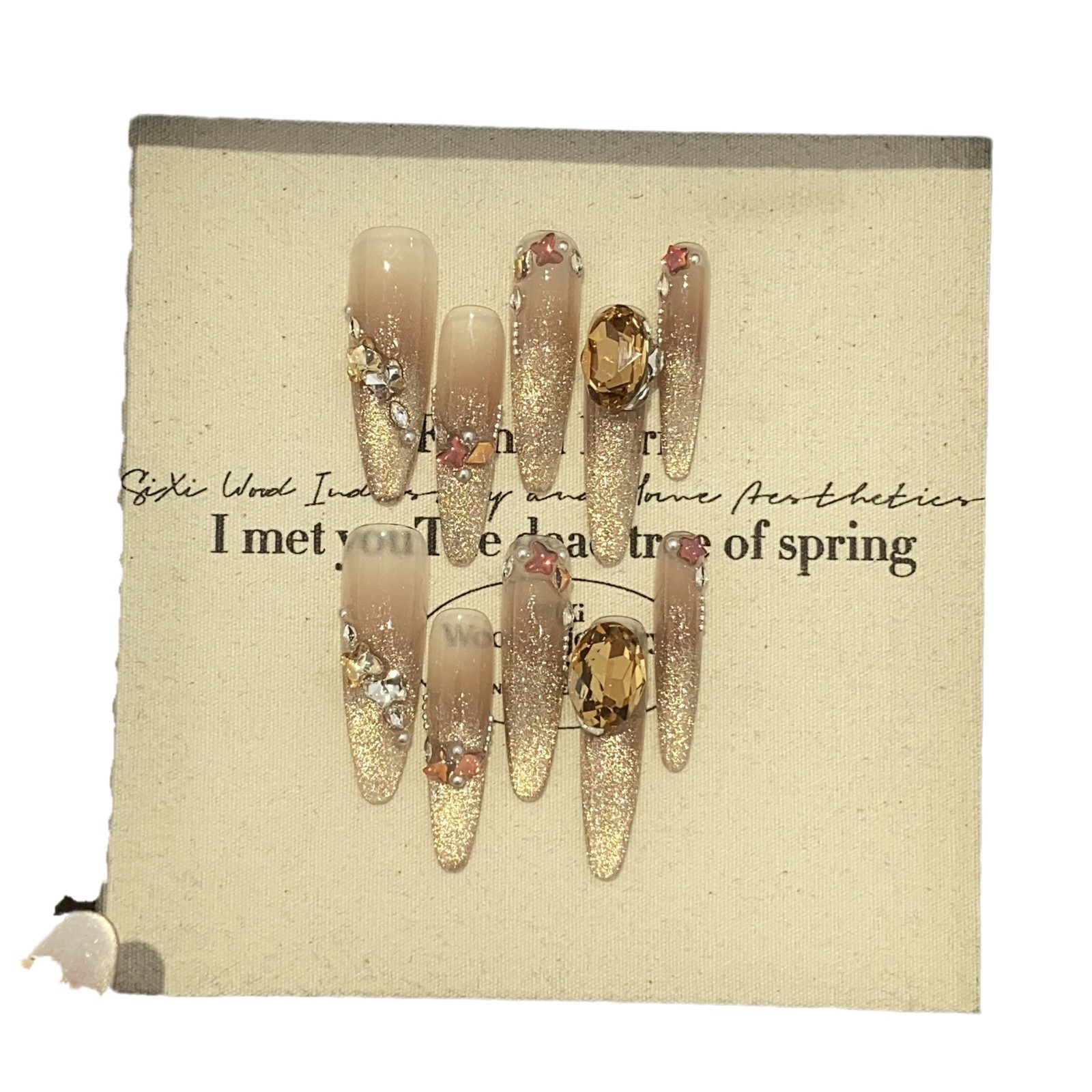 10Pcs Handmade Brown Gradient Long Pointed Nails Rhinestone Fall Style