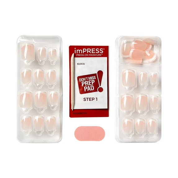 KISS imPRESS Short Square Oval Press on Nails, Pink French Tip, 30 Pieces