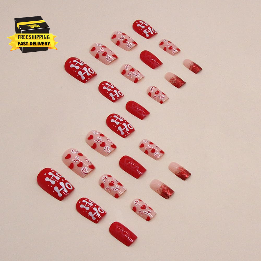 24Pcs Christmas Short Press on Nails – Square Fake Acrylic False Nails with Cute
