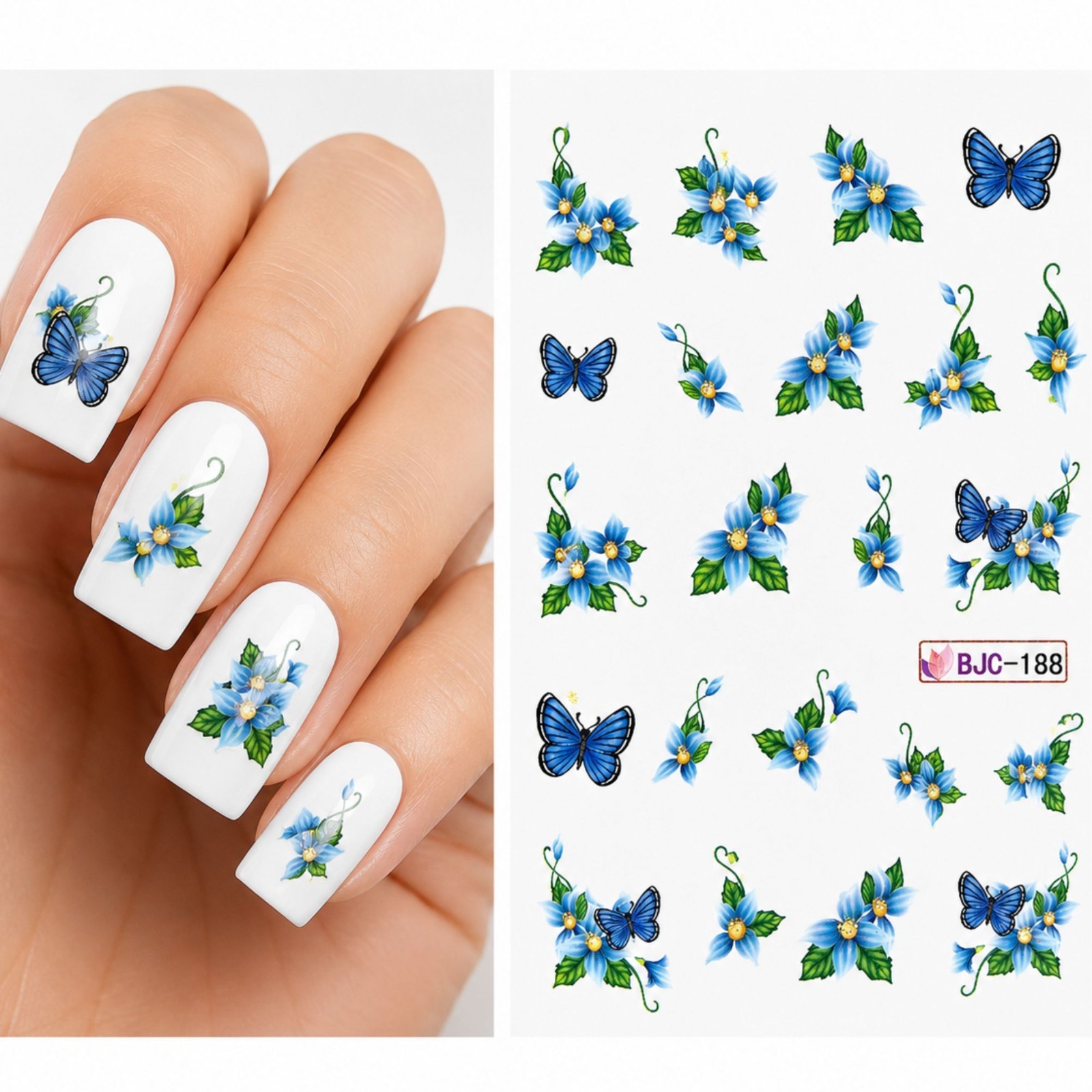 Blue Butterfly Flower Nail Decals Water Transfer Sticker Floral Manicure DIY Art