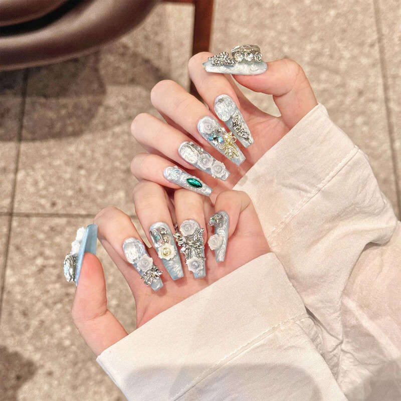 Handmade French 3D Full Of Diamond Bow False Nail Long Coffin Press On Nail Set