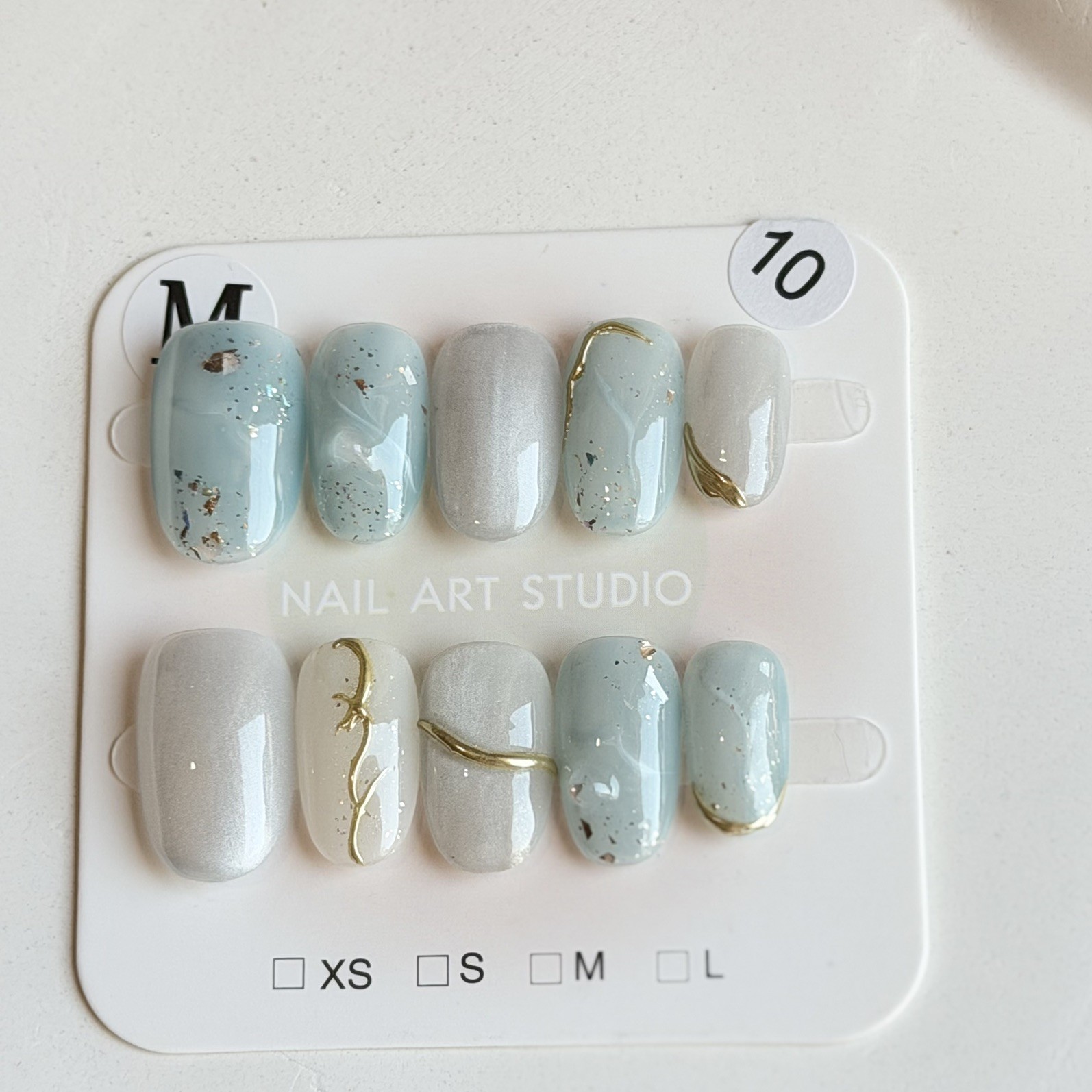 Handmade Light Blue Press-On Nails Size M Short Oval Reusable Fake Nail