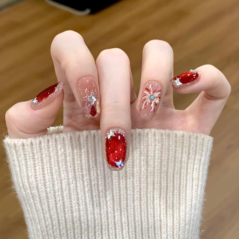 48Pcs-Red Cat Eye Fireworks Silver Glitter Medium Coffin Press on Nail Set