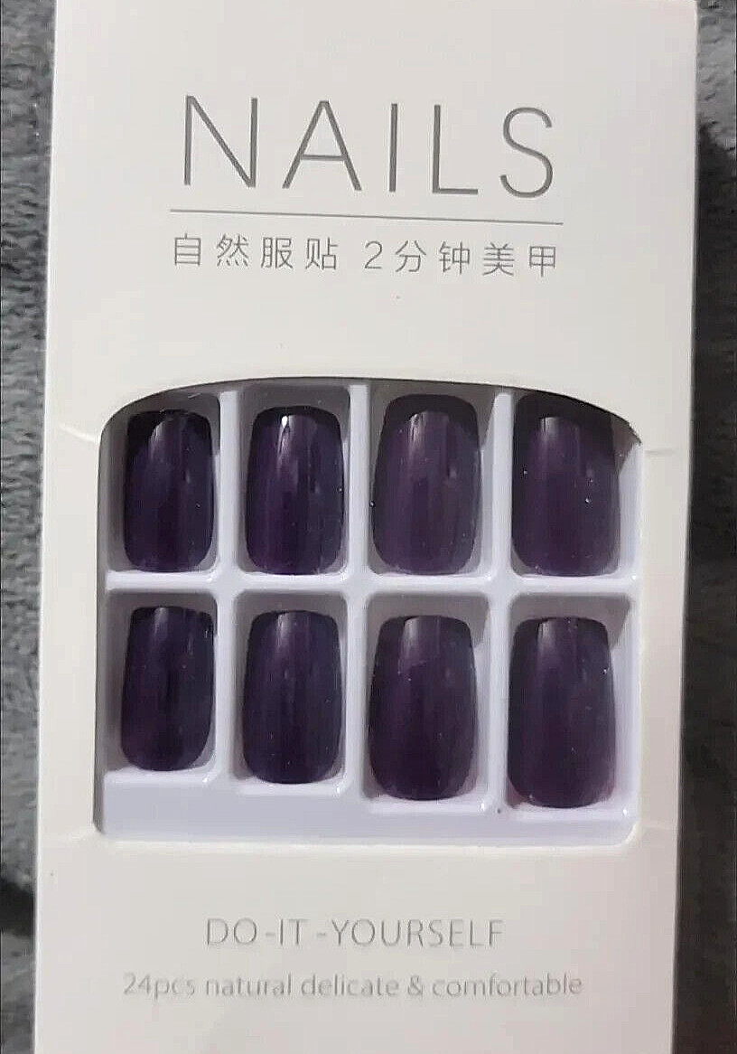 PRESS ON NAILS MANICURE KIT 24 pcs Medium Deep Dark Purple Plum Glossy