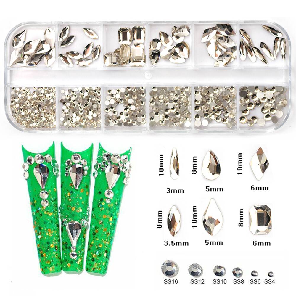 12Box/Set Mix SHAPE Crystal Rhinestone Diamond NON hotfix Nail Art Decoration