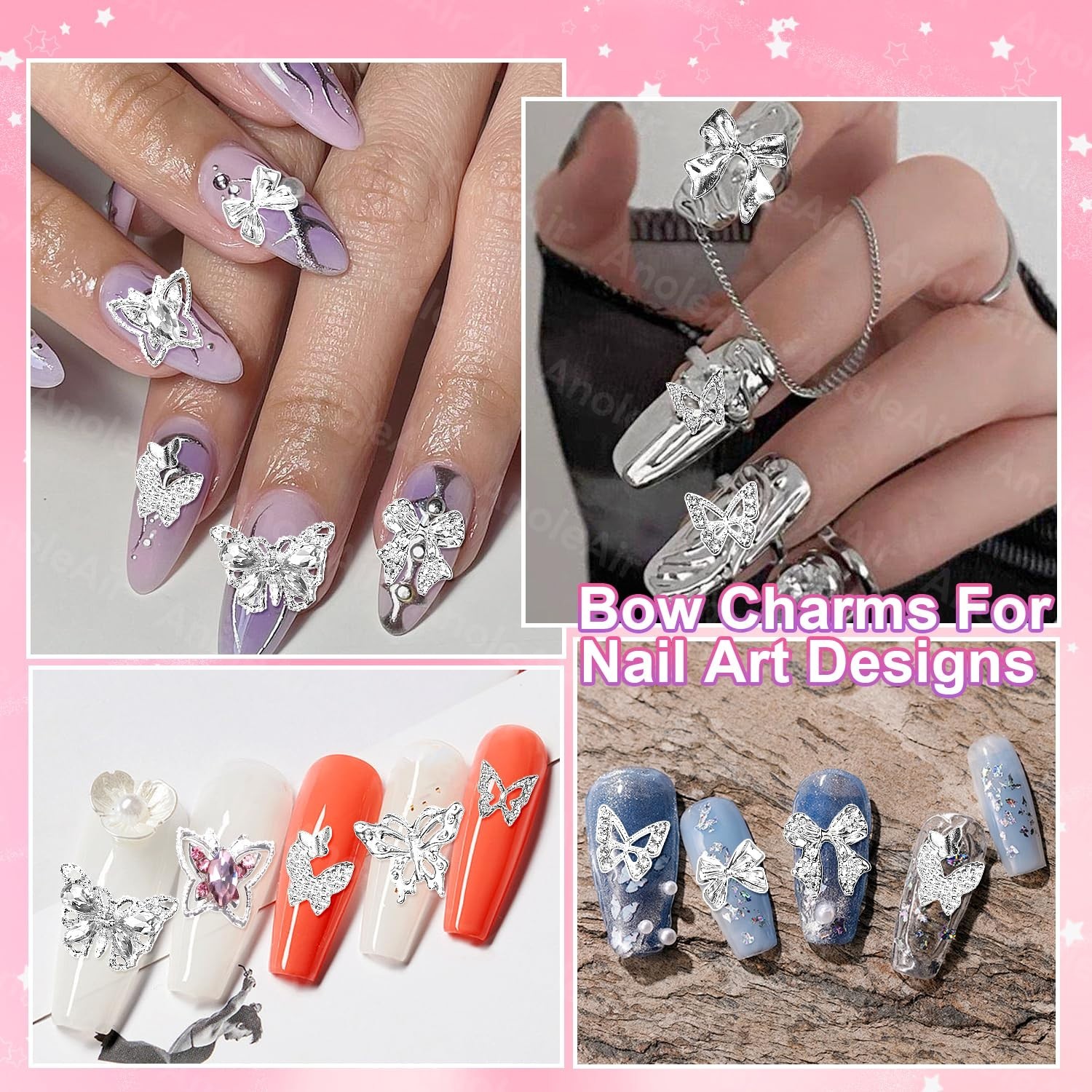 80 Pcs Silver Butterfly Nail Charms and Gems, 3D Pink Color Butterfly COLOR-S2