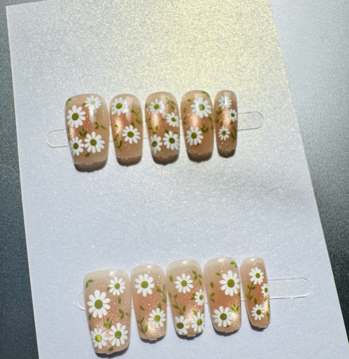 Press-On Nails Medium Square Beige/White/Yellow/Green Flowers Glossy Full Cover