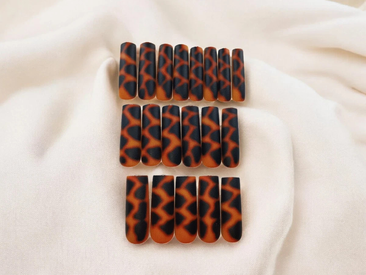 (New) Brown Leopard Long 24 Count Square Shape Nail Set /W Nail Glue