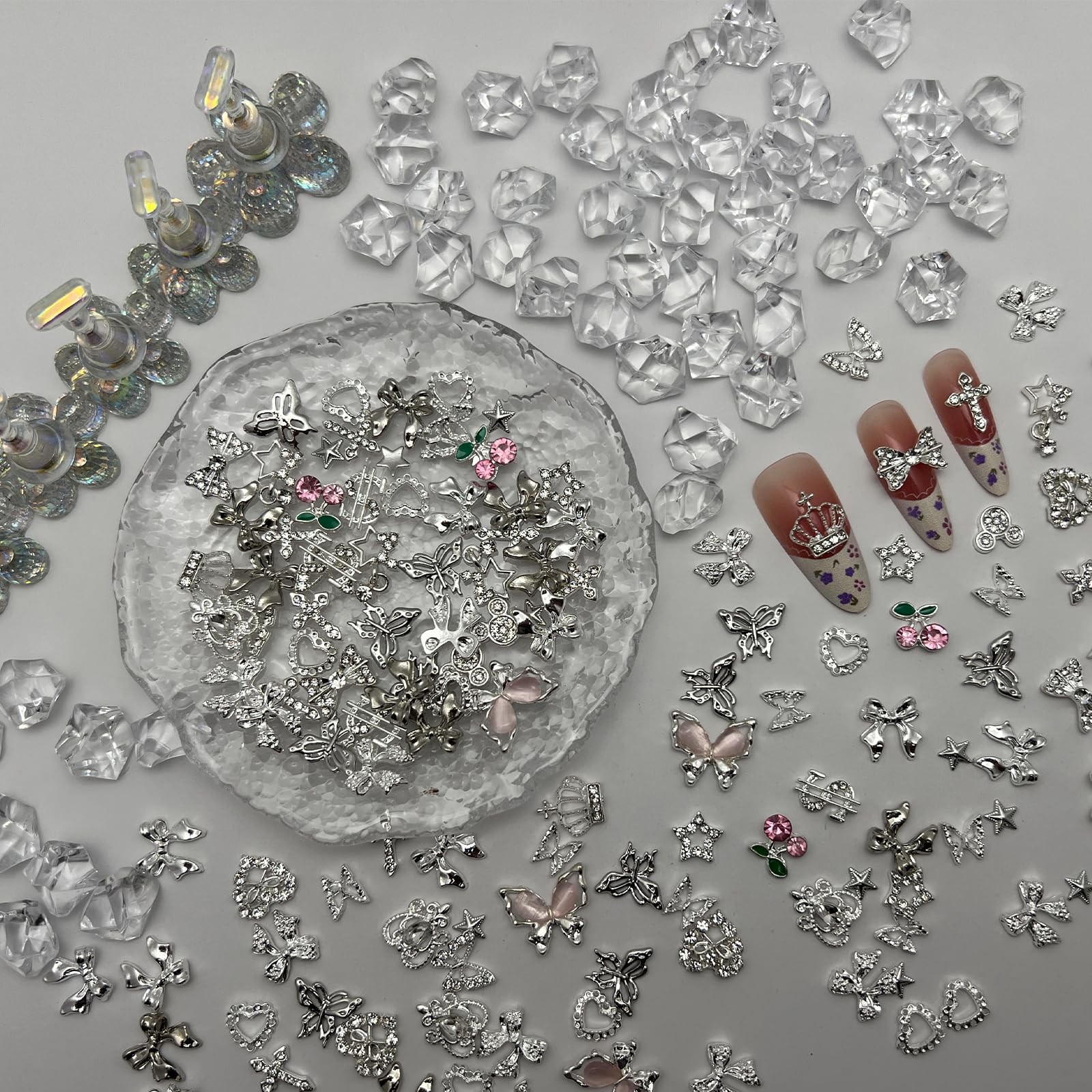 140 Pcs 3D Nail Charms Silver Butterfly Bow Crown Star Rhinestone Set for Acr…