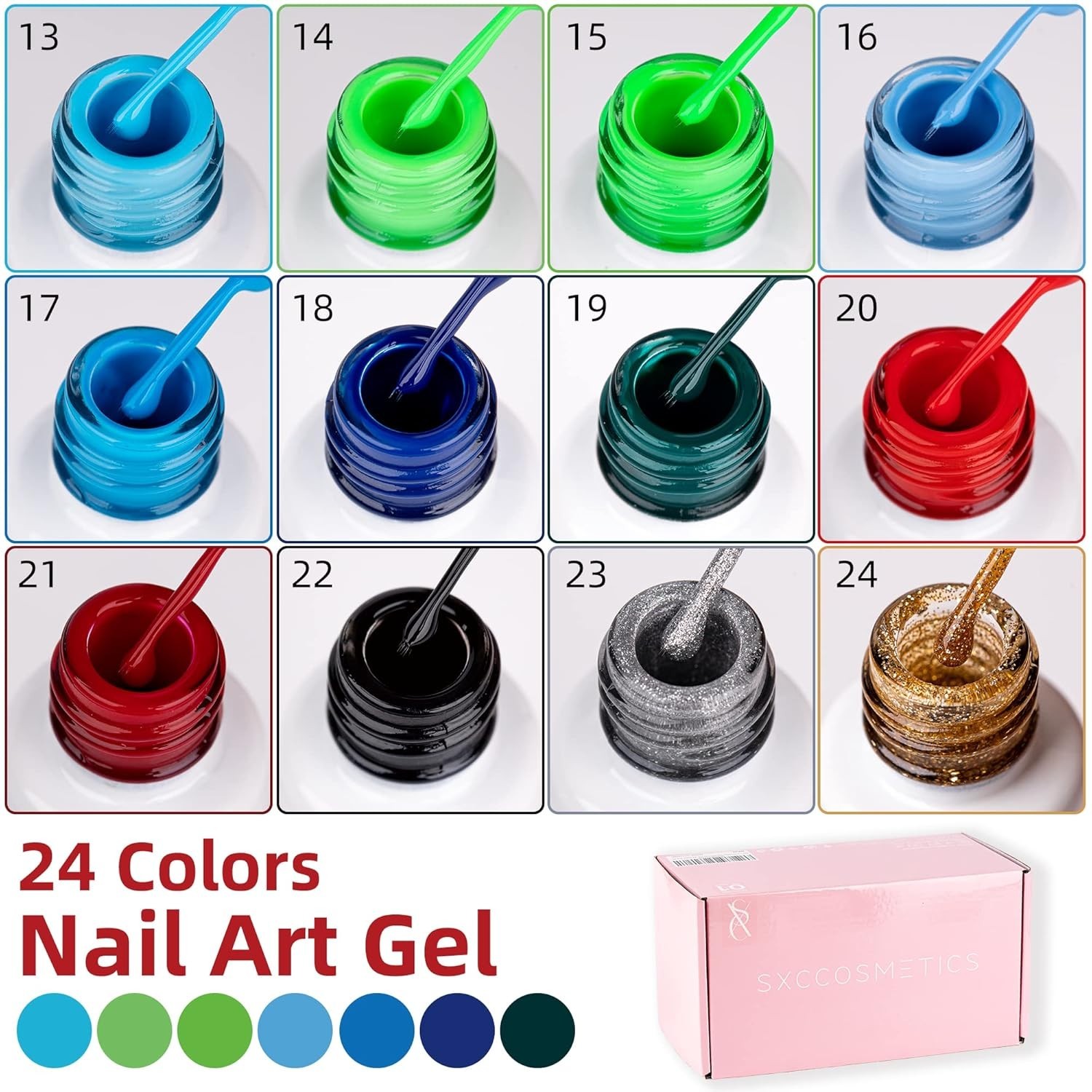 24-Color Gel Liner Set for Nail Art Cosmetics with Built-in Thin Brush for Swirl