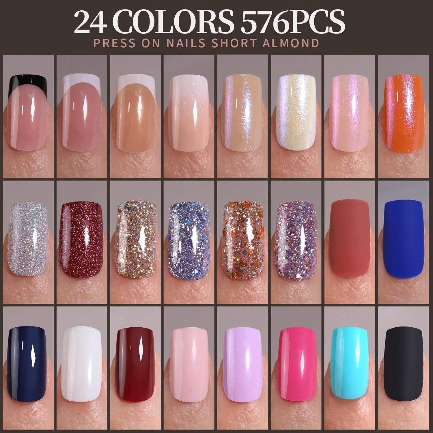 Variety Press On Nails Set 576 PCS in 24 Colors Glossy Matte and French Designs