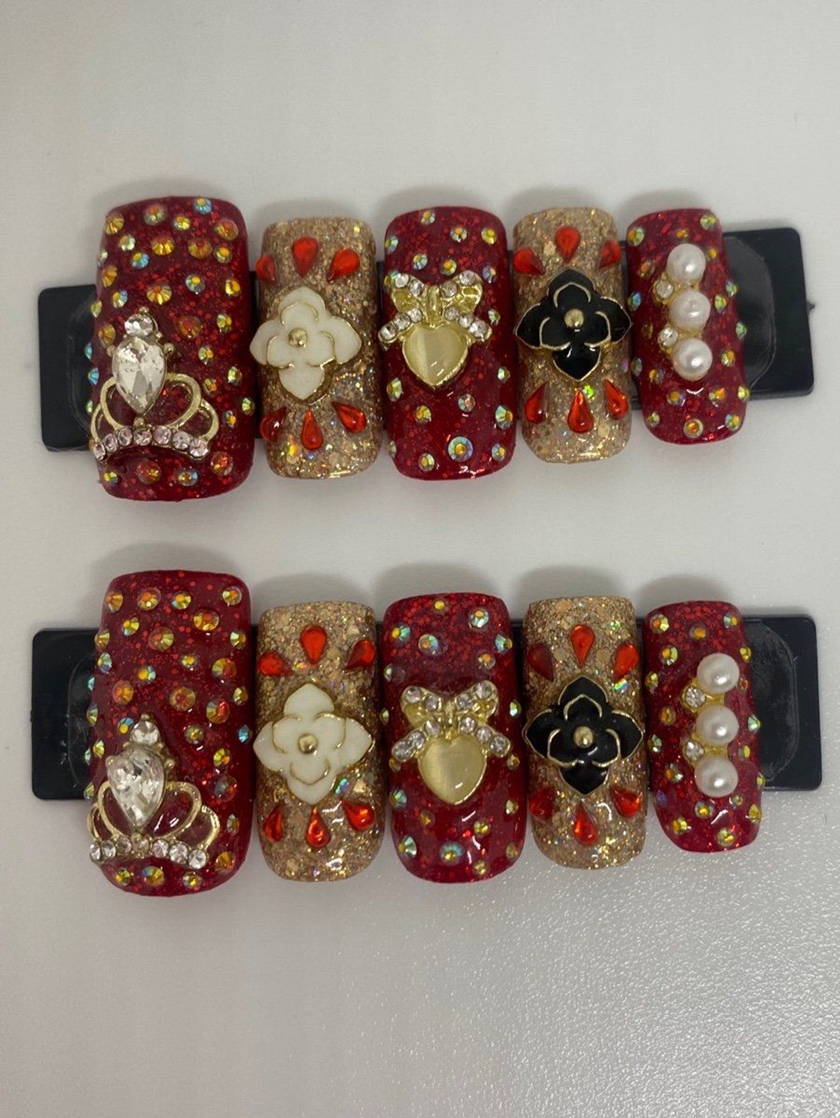 Red, Gold, Black, & White Square Press On Nail Set