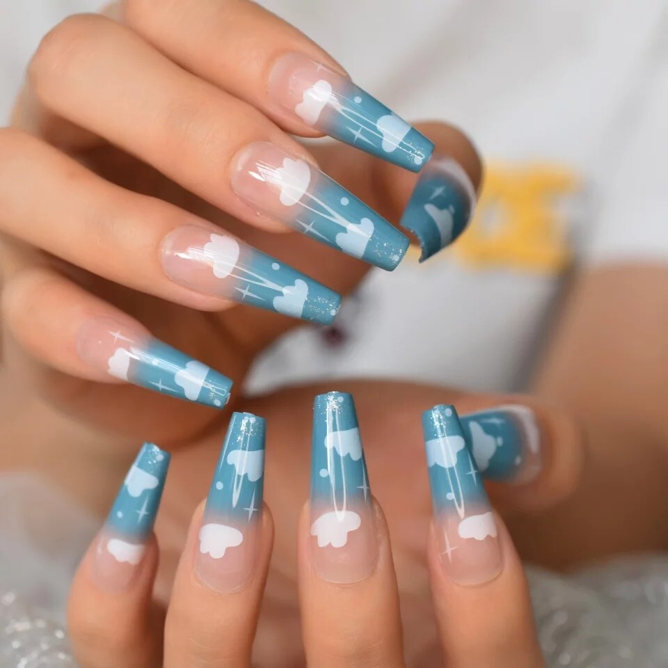 24 Blue skies Clouds Press on nails kit glue nude ombre clear cute kawaii