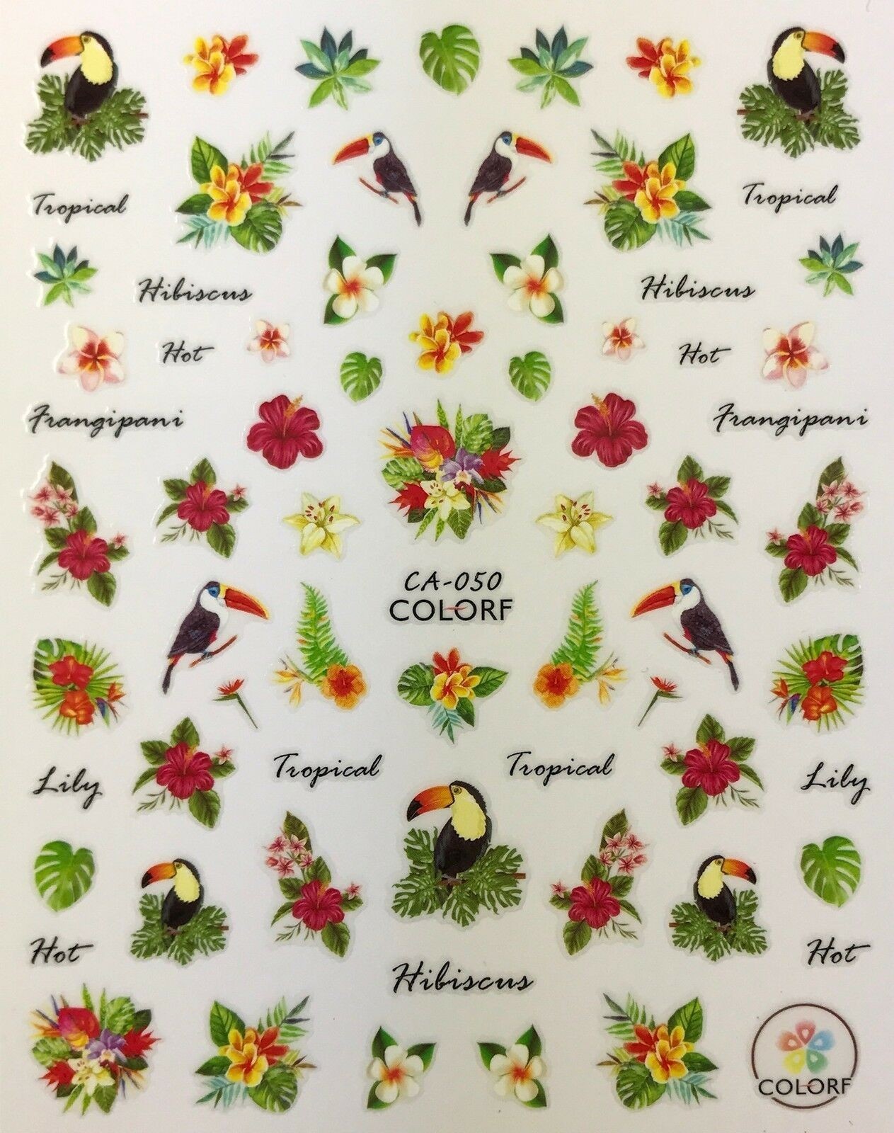 Nail Art 3D Decal Stickers Tucan Bird Tropical Hot Hibiscus Lily CA050