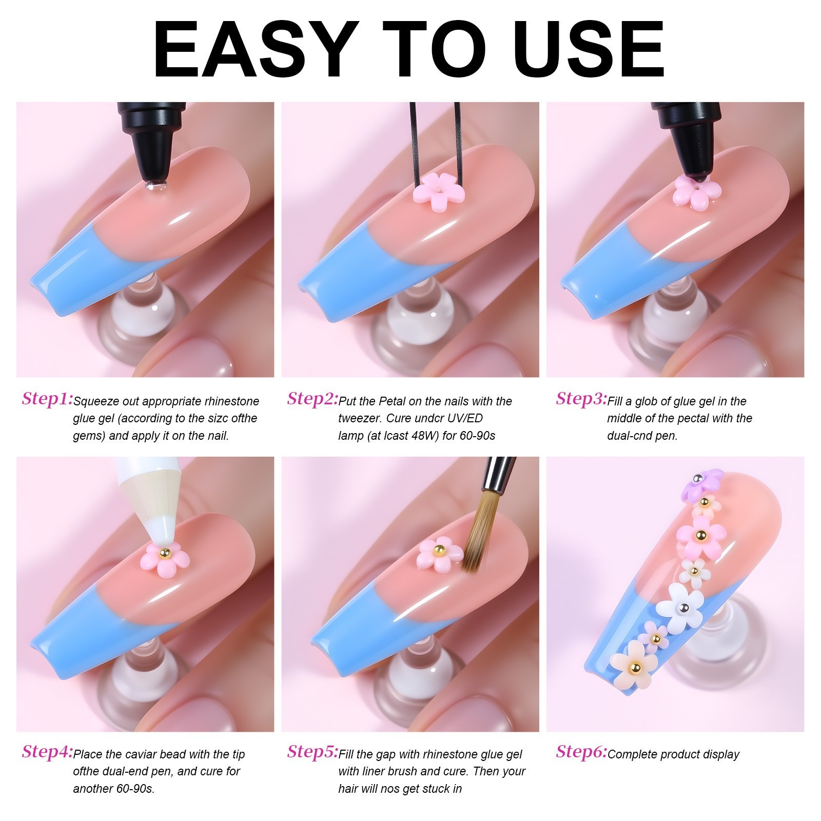 6/12/24 Grids 3D Nail Art Decoration Kit Resin Flower Bead Shapes For DIY Nails