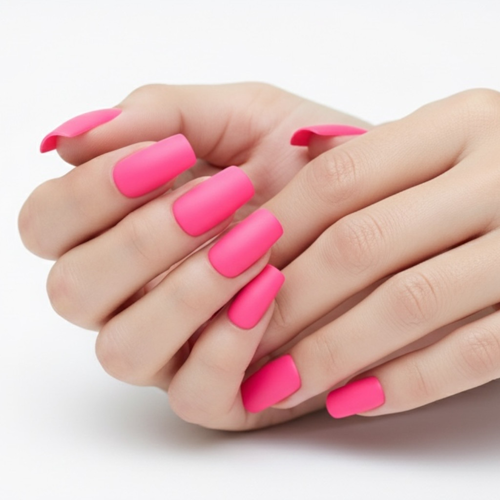 Hot Pink Matte Square Long Fake Glue On Artificial False Tips Press On Nails Set