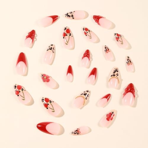 Almond Press on Nails Medium Red Leopard French Tip Fake Nails with 3D Floral-2