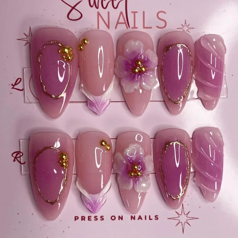 30pcs French Press on Nails:3D Flower Pearl Bow Almond Fake Nails