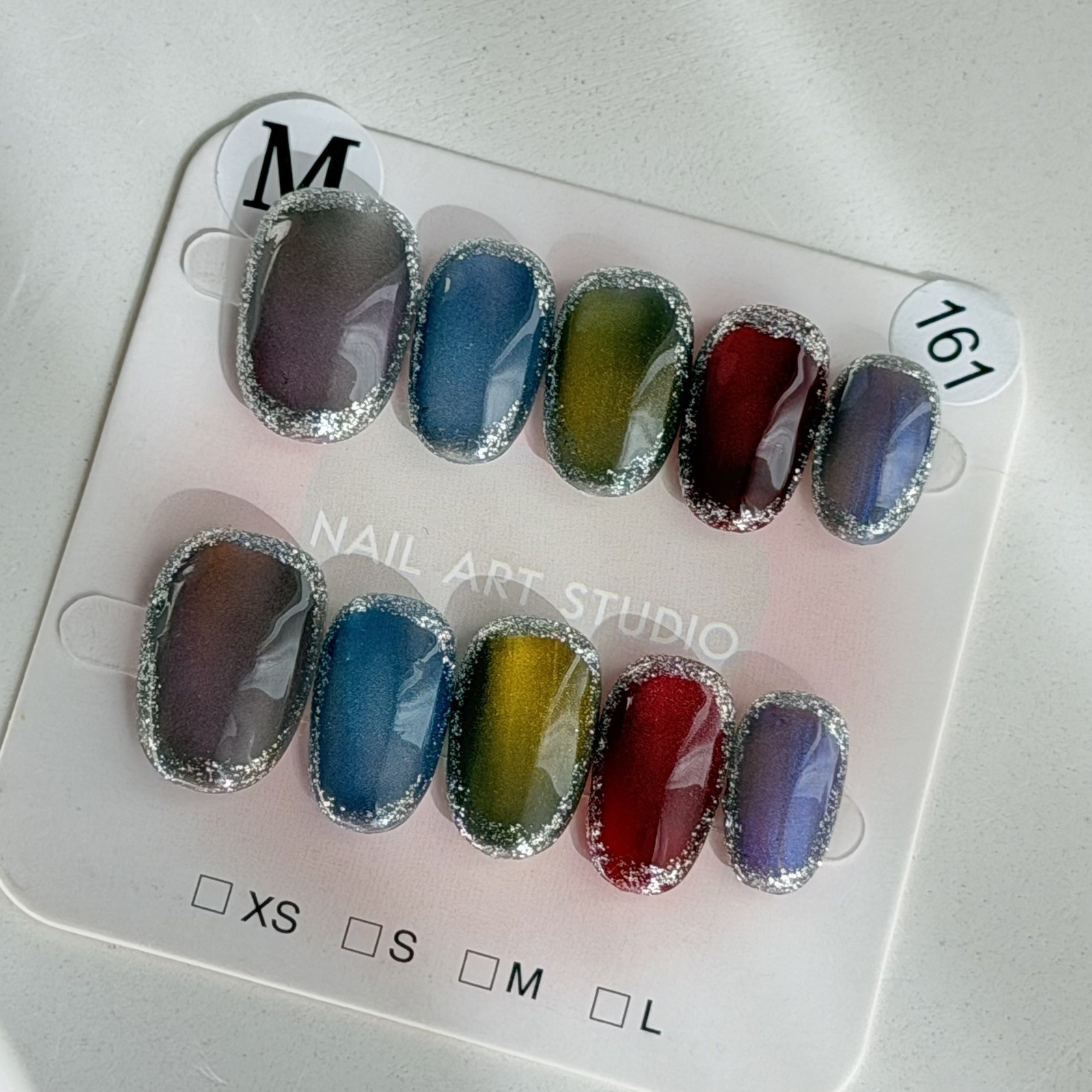 Handmade Color Glitter Edge Press-On Nails Short Oval Size M False Nail Reusable