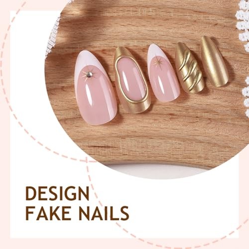 French Tip Press On Nails Medium Almond Fake Nails Gold False normal-nails13