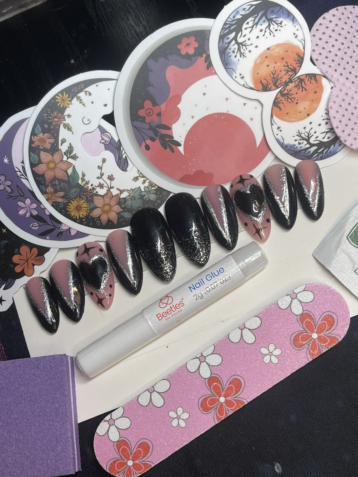 Black And Silver Handpainted Press on Nails includes Prep Kit