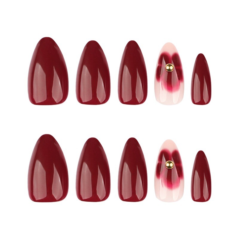 48Pcs-Burgundy Floral Ombre Press on Nails Glossy Long Almond Nail Art Set