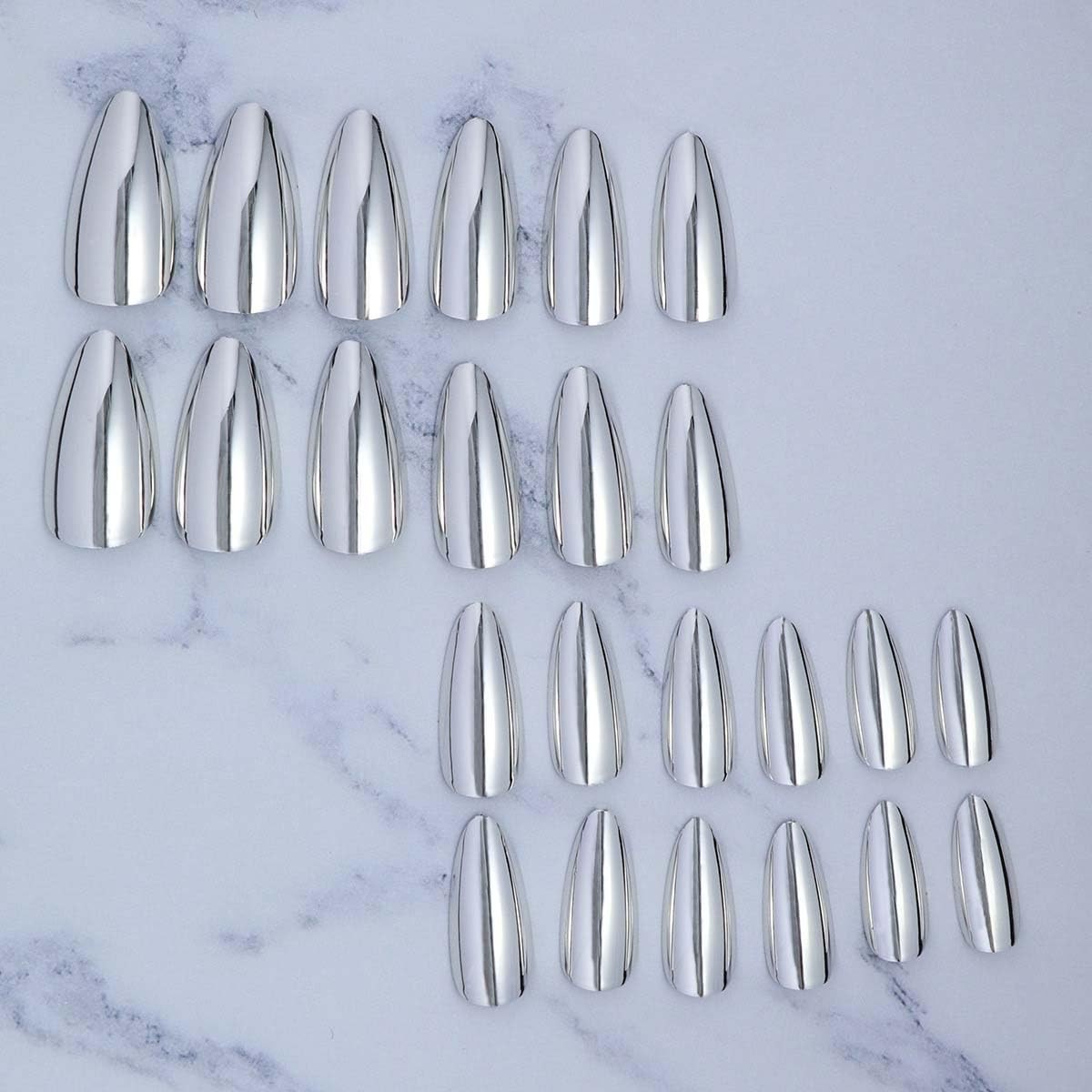 Silver Chrome Press on Nails Almond Fake with Medium Medium,
