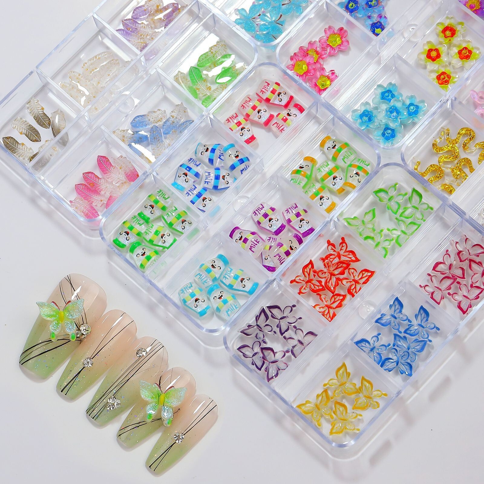 6 Grids Nail Art Animal Flower Butterfly Colors Mixed Set Box Accessories Decor