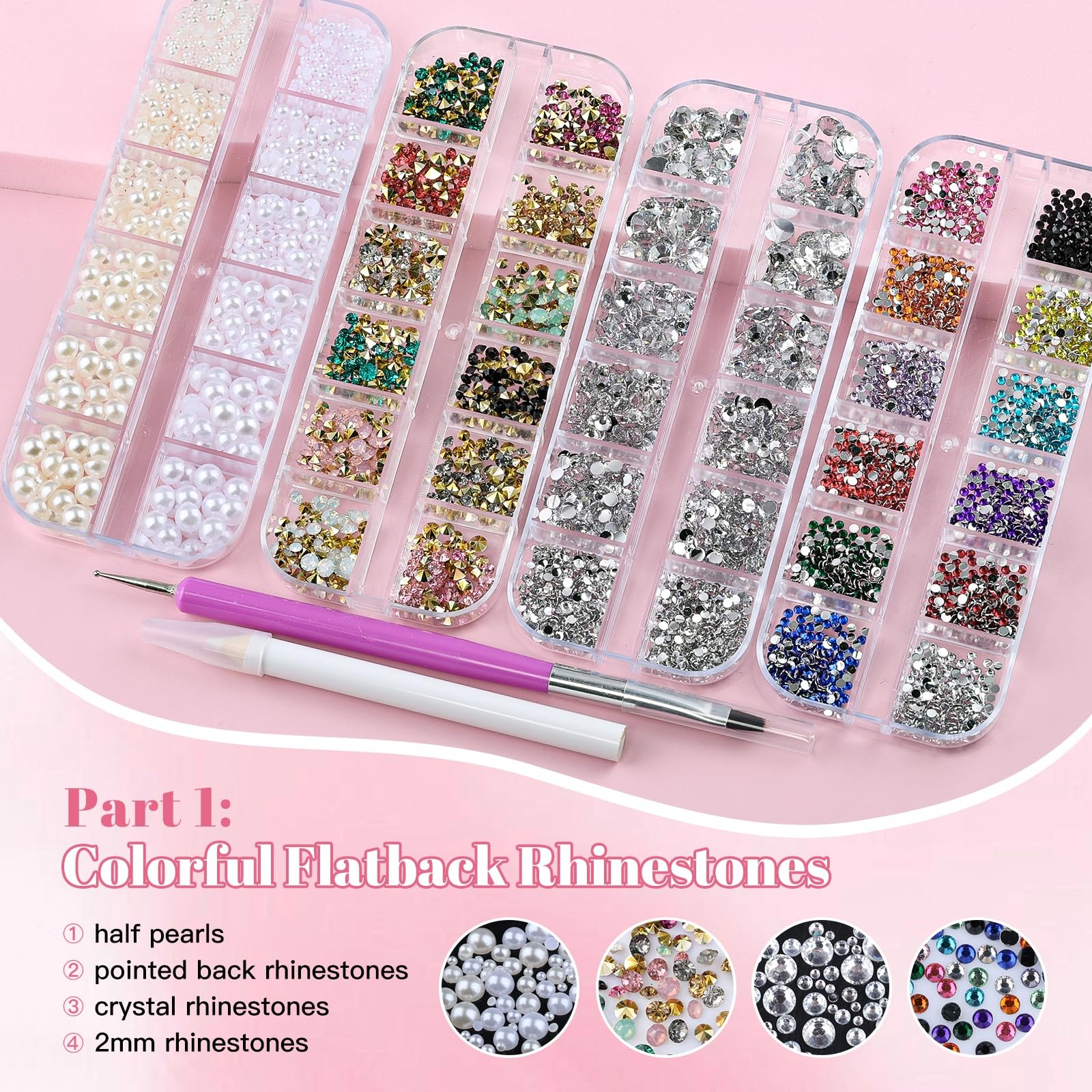 Kikonoke 10 Boxes Nail Art Kit – 12 Colors Pointed/Flatback Set 1 – 10