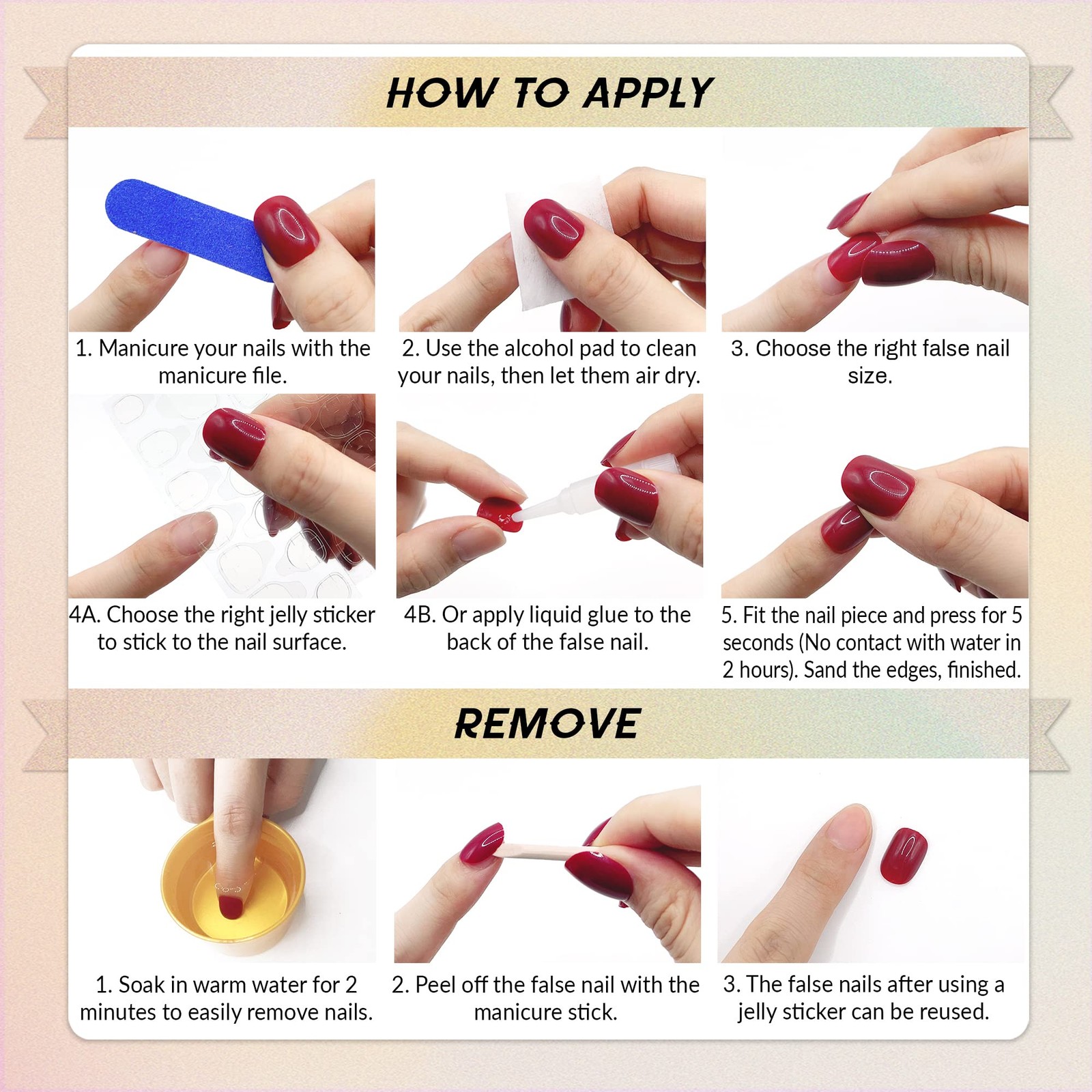 Press on Nails Almond, Wine Red & Bow Pearls Fake Nails Medium Press Ons, Glo…