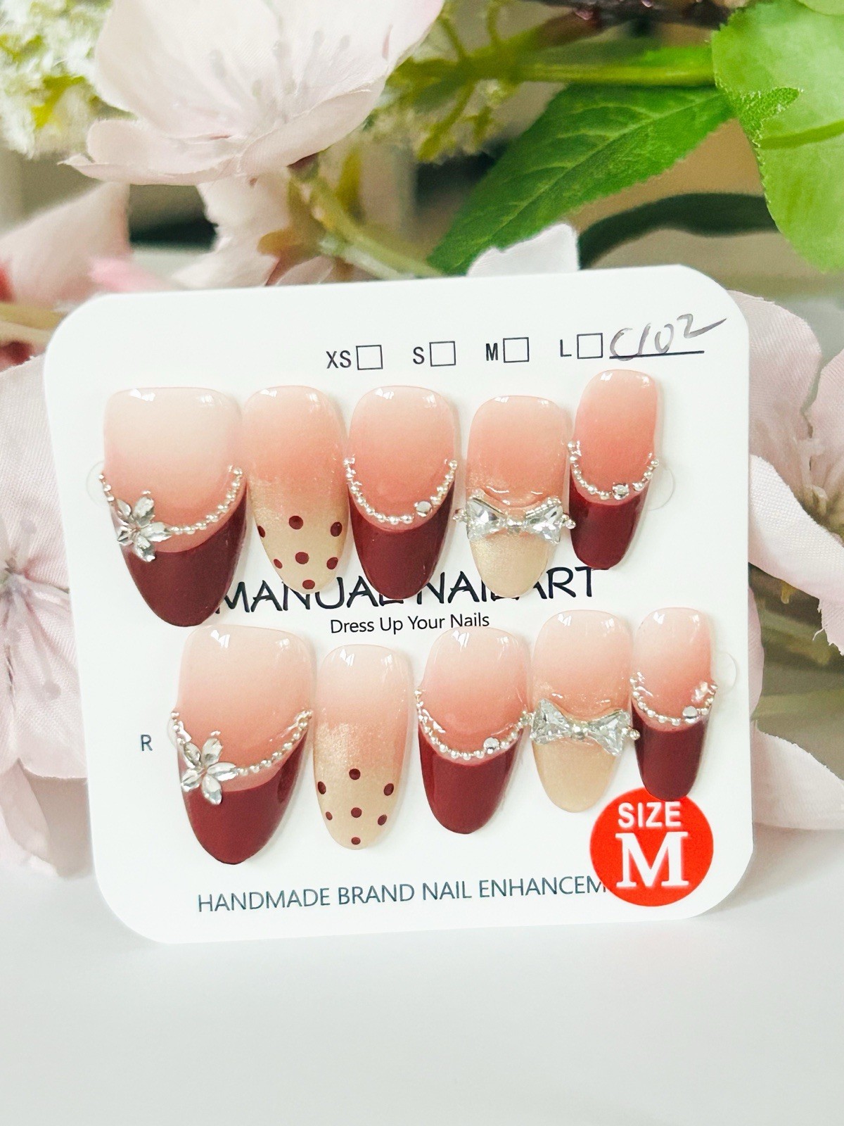 NAIL ART Pink Red Beige 3D Glitter Medium Press-On Nails Full Cover