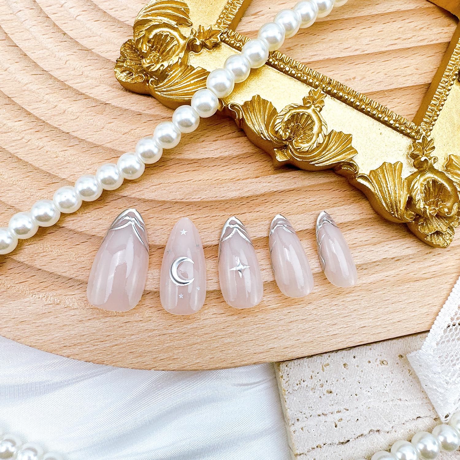 24pcs Almond Press On Nails Medium Almond Silver French Tip Fake Nails with 3…