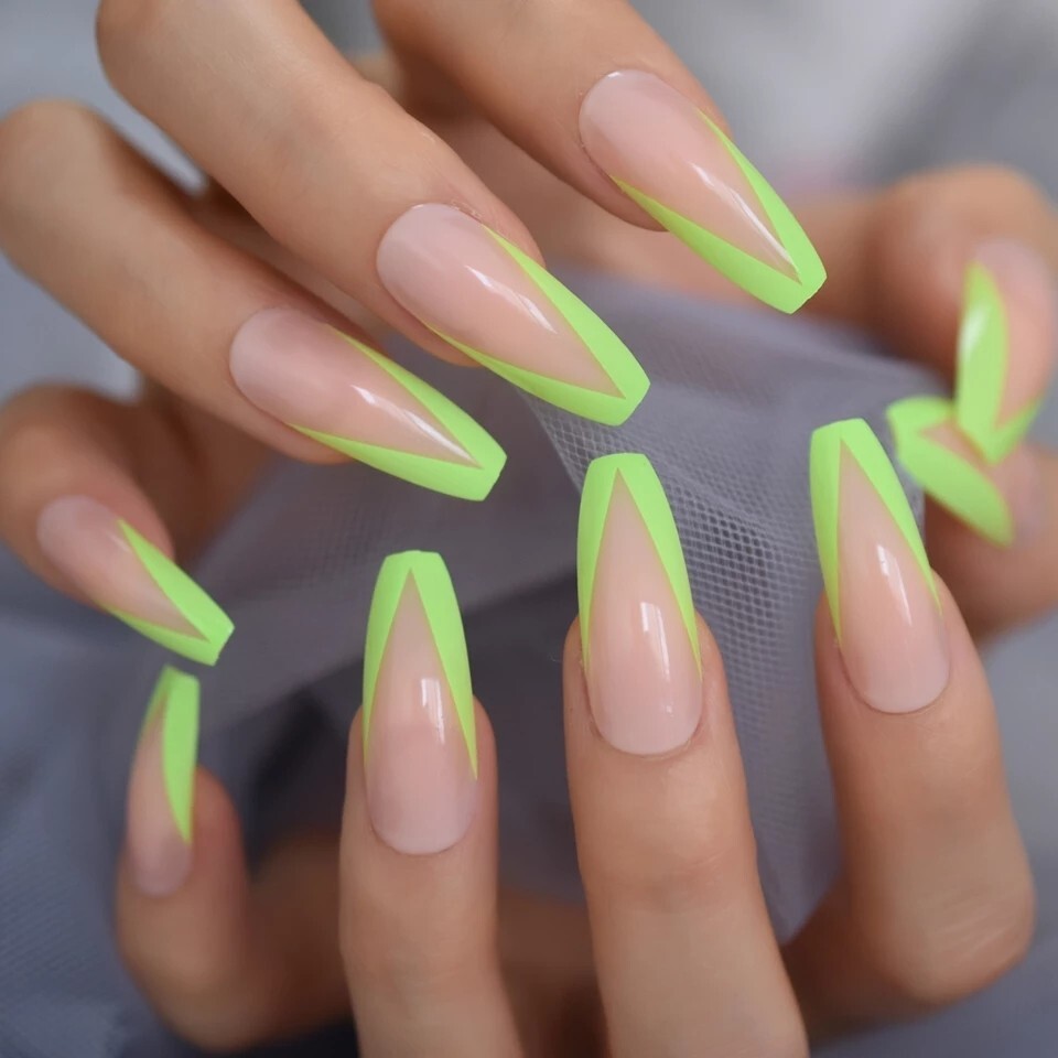 24 Nude French rim neon green border press on nails kit glue v shape