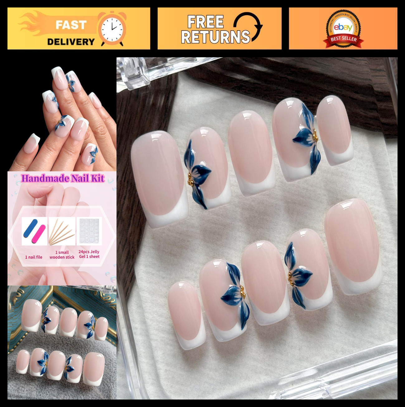 3D Handmade Press On Nails – Short Square French Tip Fake Nails, Blue Flowers, 1