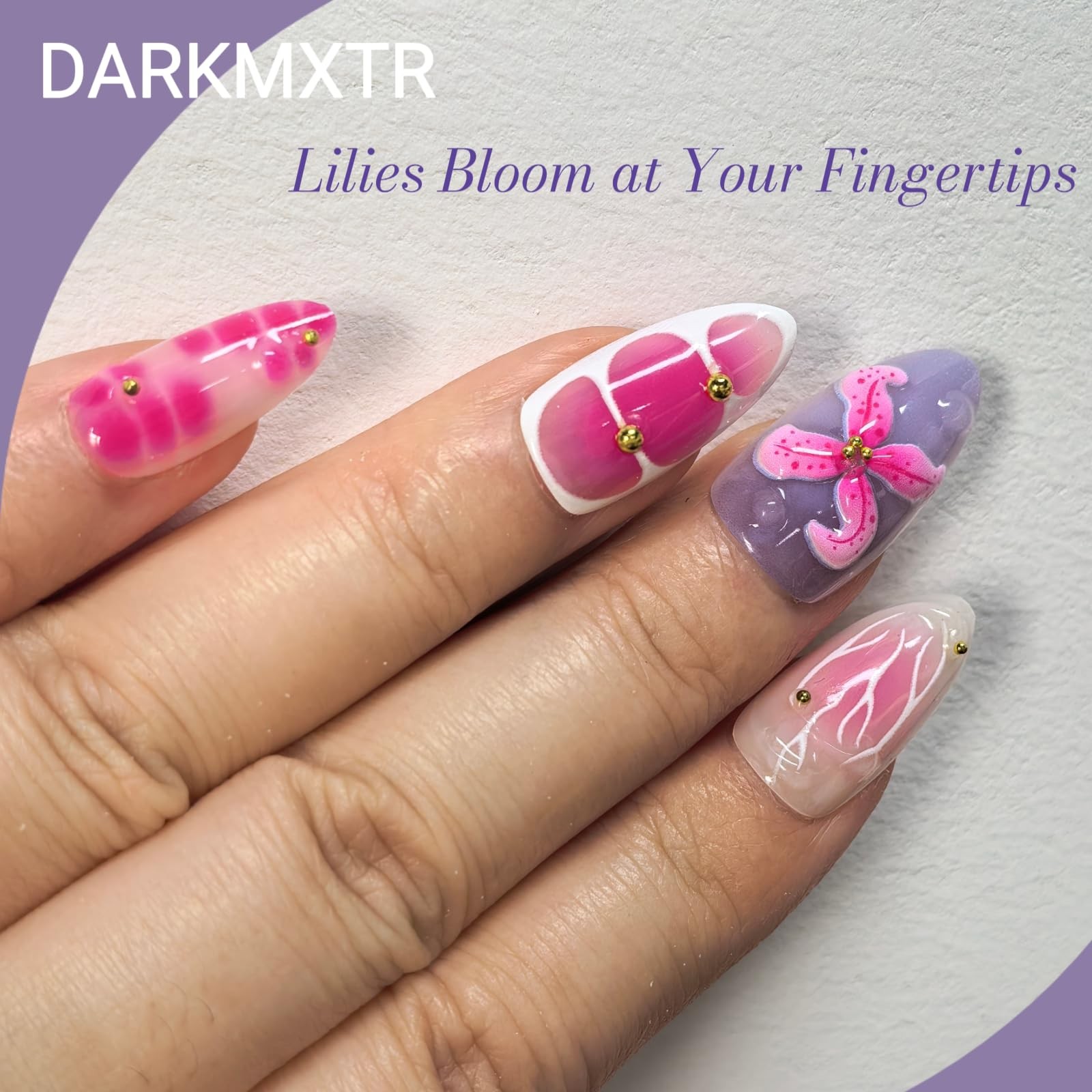 DARKMXTR 30Pcs 3D Floral Press On Nails | Pink & Purple Short, Lilac Bloom