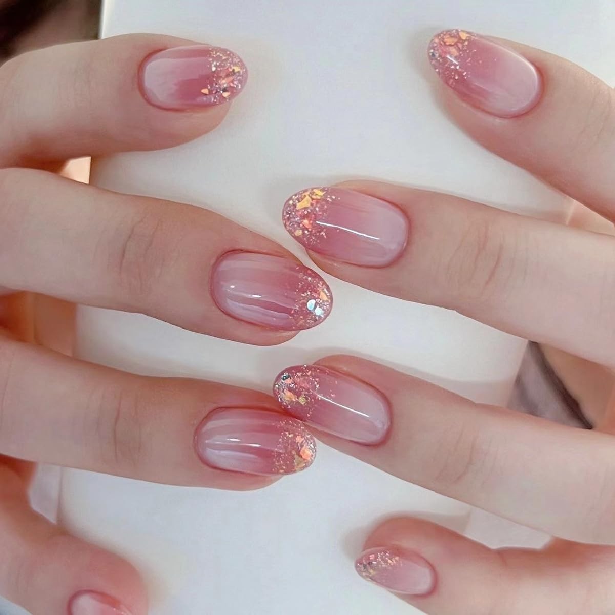 Ombre Pink and White Gradient Press on Nails Short Oval Fake Nails – French T…