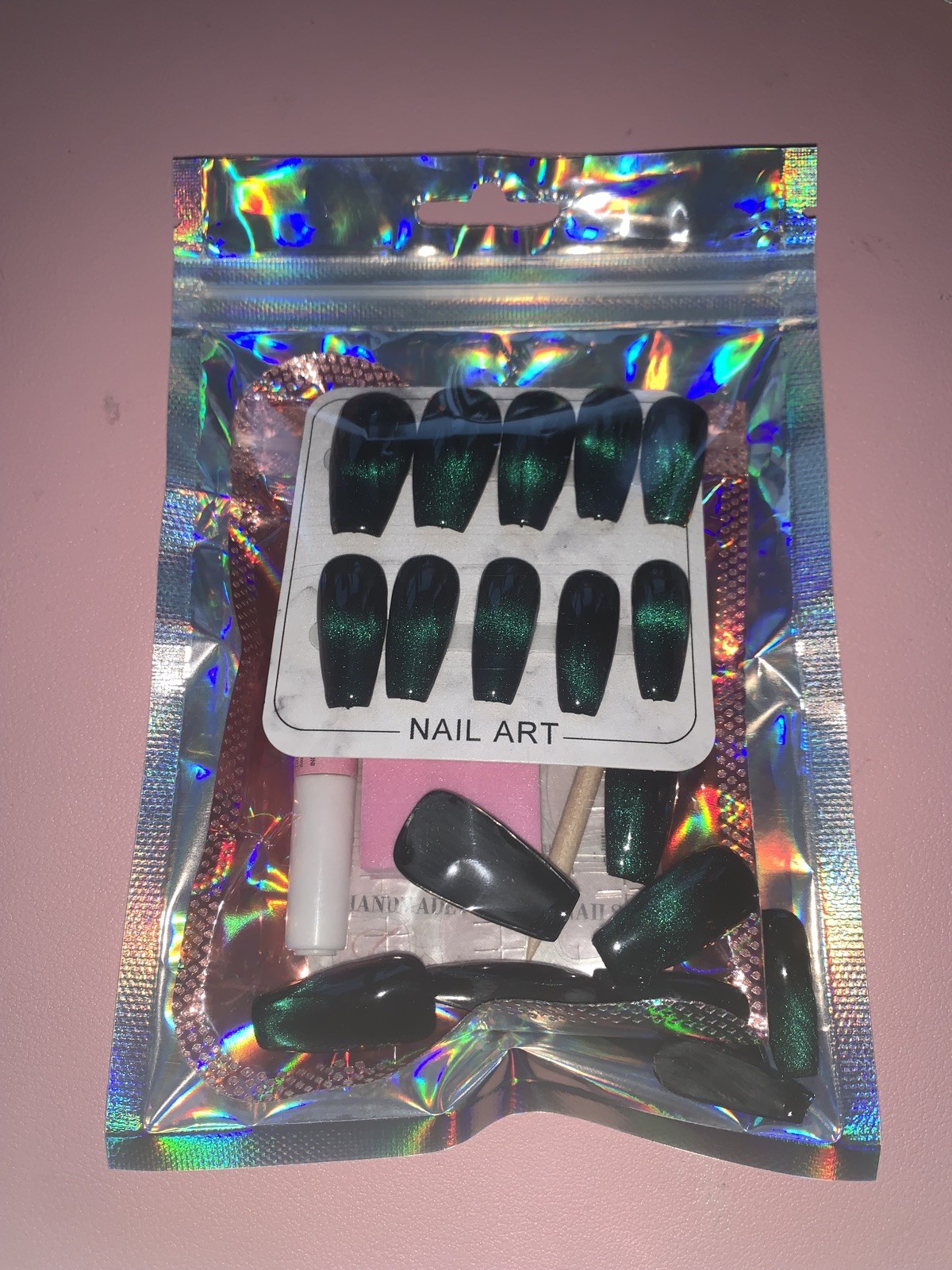 Handmade Green Cateye French tip Press-On Nails With Nail Care Kit!! Set of 20