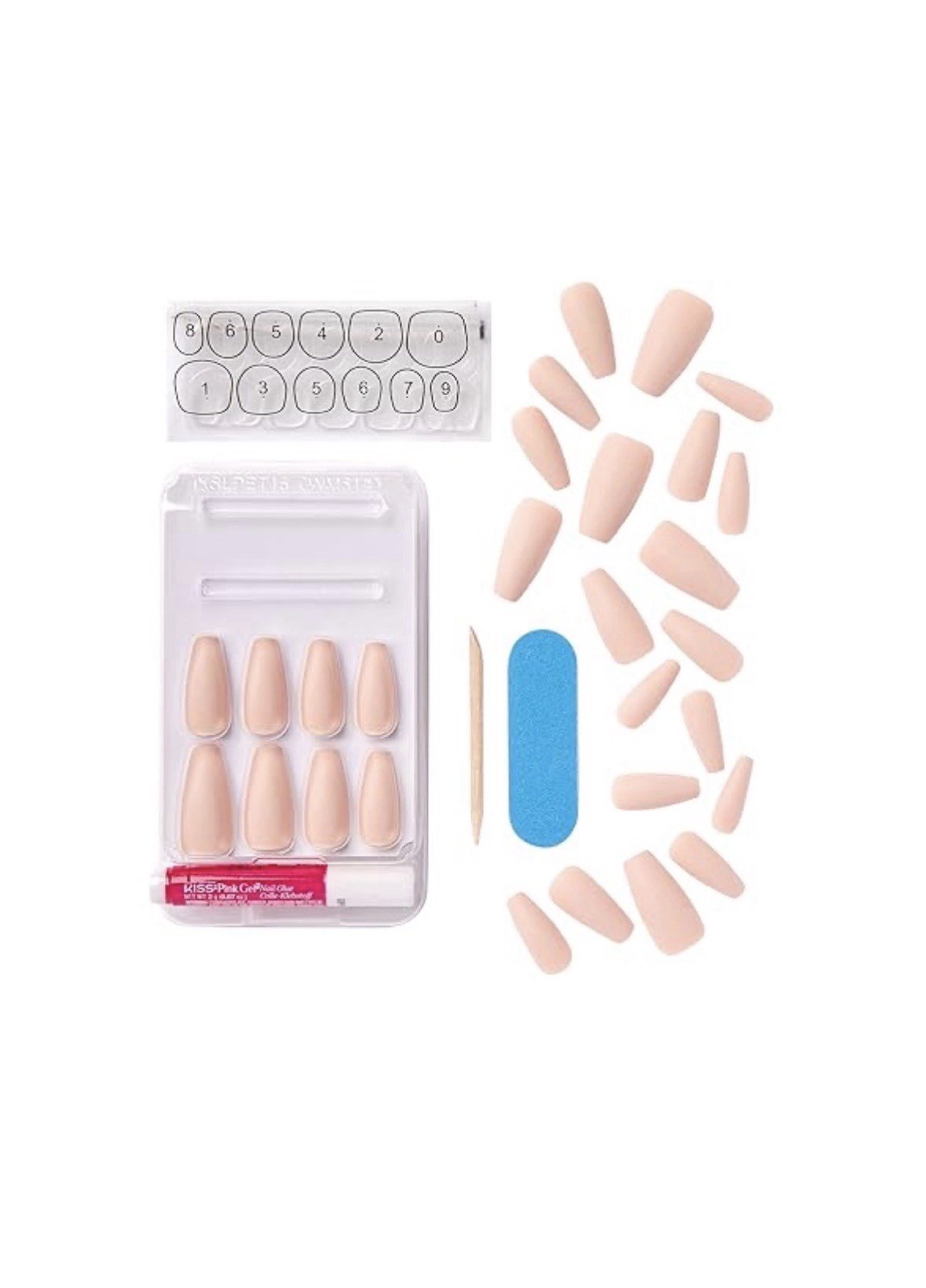 Long Beige Press On Nails High Arch Stiletto Coffin Shape 28 Nails Kit
