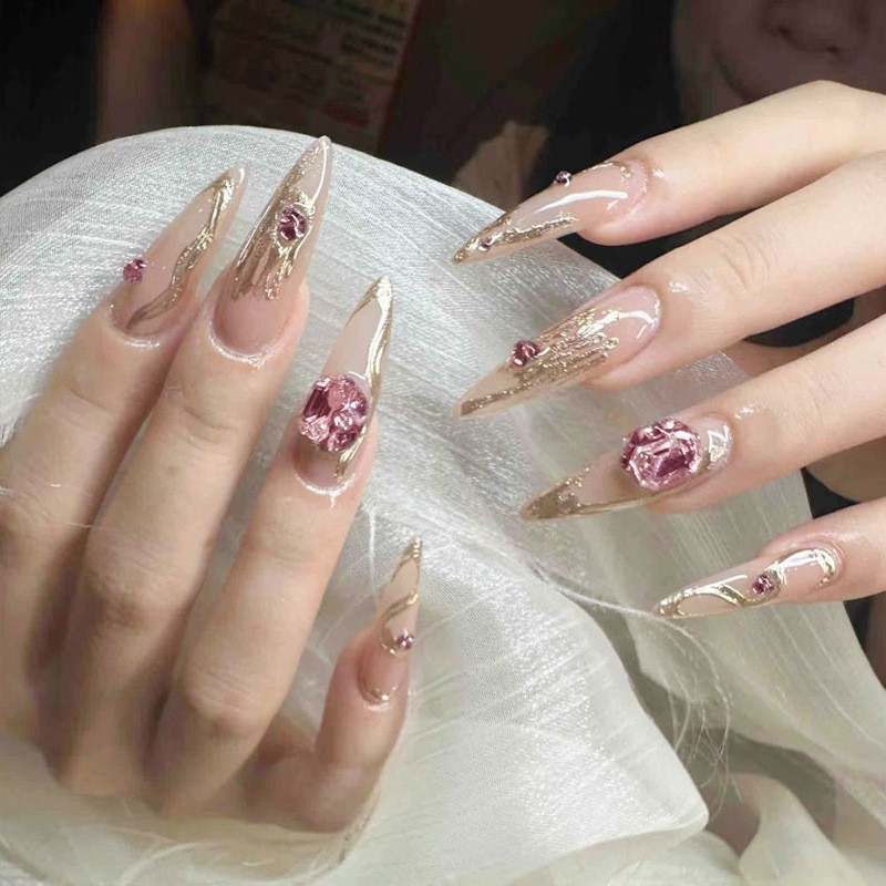 60p Stiletto Press on Nails, Nude Gold Foil Ruby Rhinestone Luxury Wedding Nails