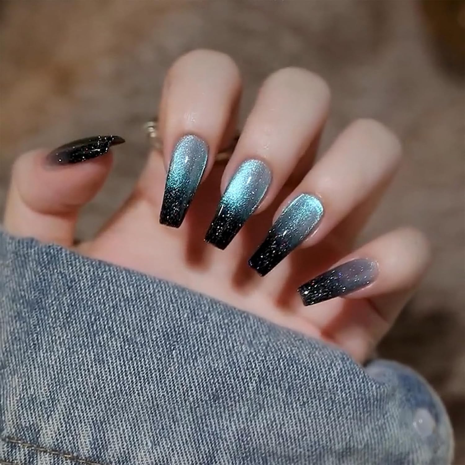 Glossy Press On Nails Long Coffin Blue Black Gradient Fake Nails for Women