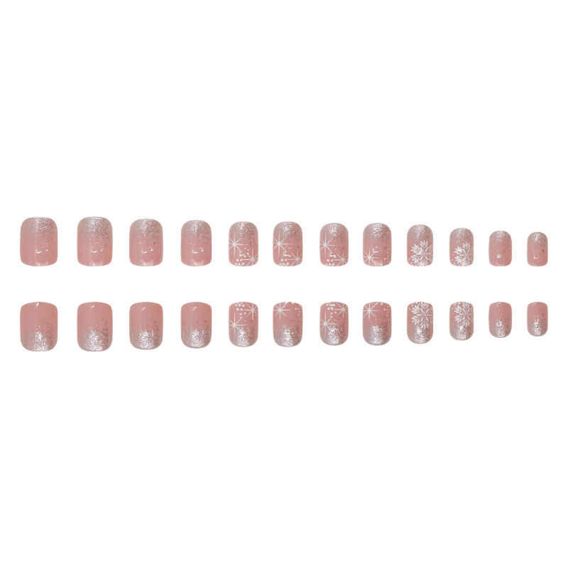 48 Pcs Silver Snowflake Pink Gradient Coffin Press on Nails, Elegant Fake Nails