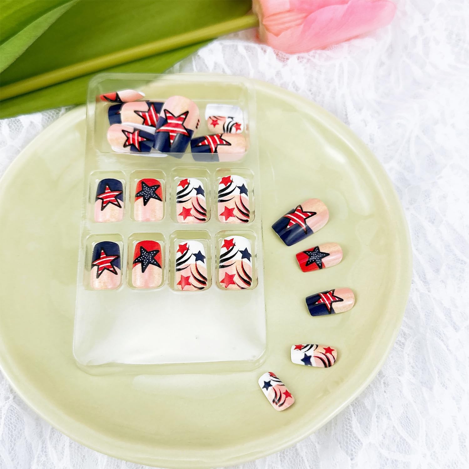 24pcs 4th of July Press on Nails Short Square Blue Red French Tip Fake Nails …