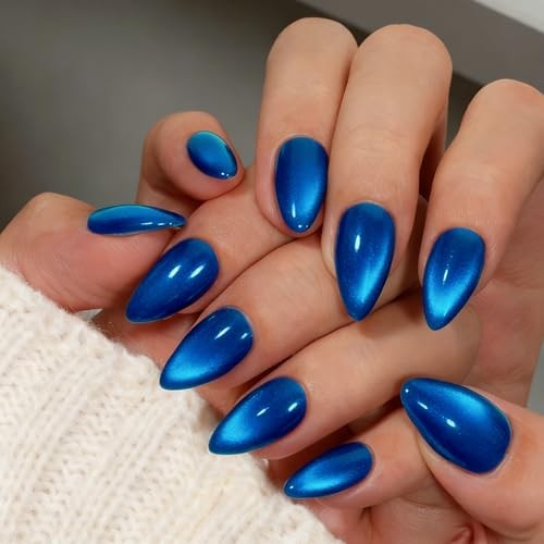 Almond – Cat Eye Press on Nails with Glue – Cateye Royal Blue