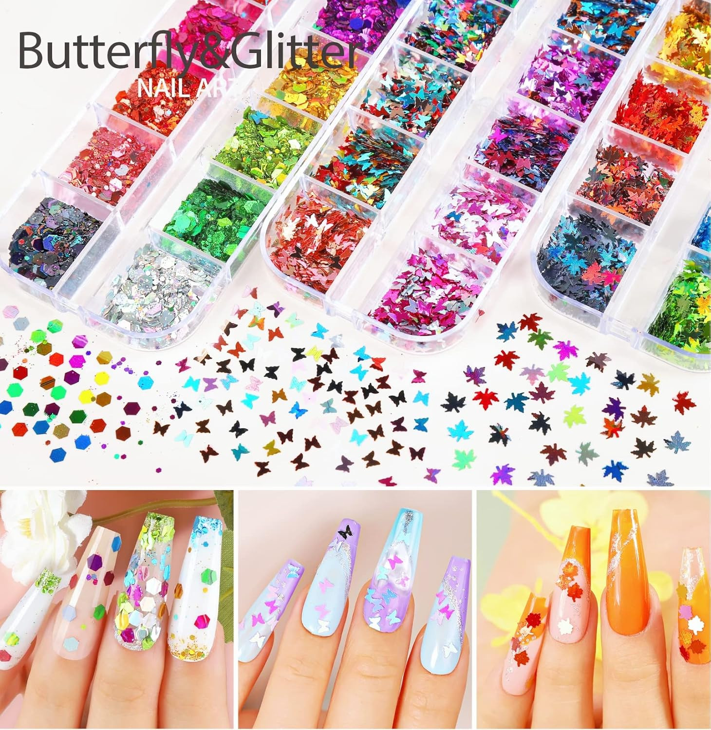 12 Hojas Para Uñas Acrilicas Gel Calcomanias y 5 lentejuelas copos En Oferta US