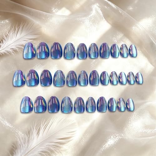 Almond Soft Gel Press on Nails – 32 Pcs – 16 Sizes – Chrome Cat Eye – Royal Blue