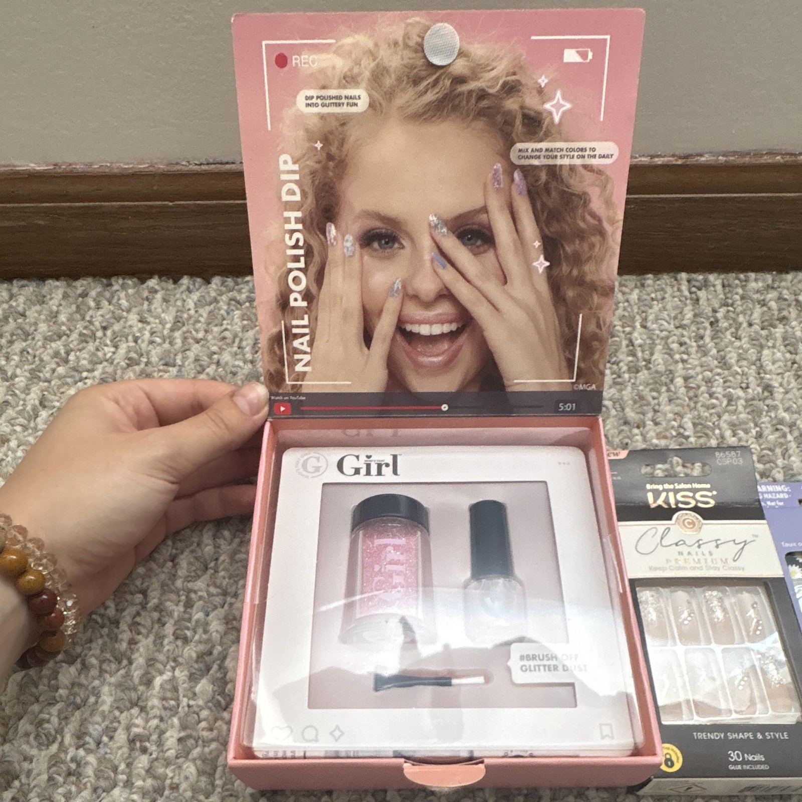 Nail Polish Dip Glitter Kit With Press On Nails And Accessories For Kids